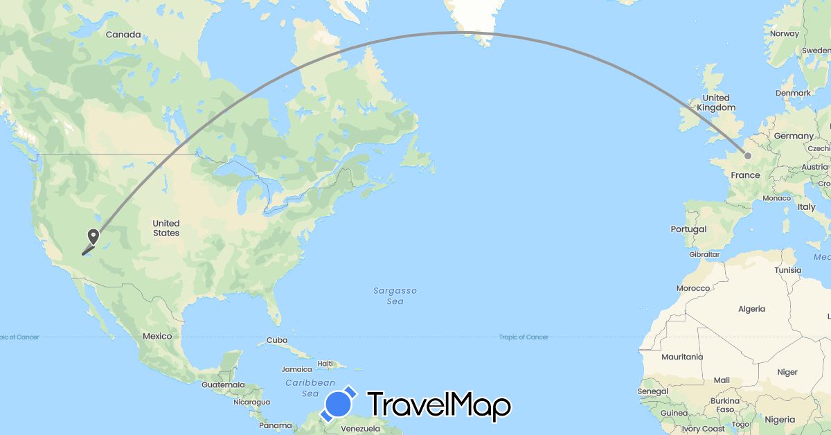 TravelMap itinerary: driving, plane, motorbike in France, United States (Europe, North America)